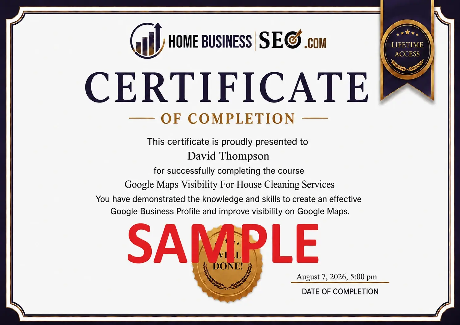 Google Maps Visibility For House Cleaning Services Sample Certificate of Completion